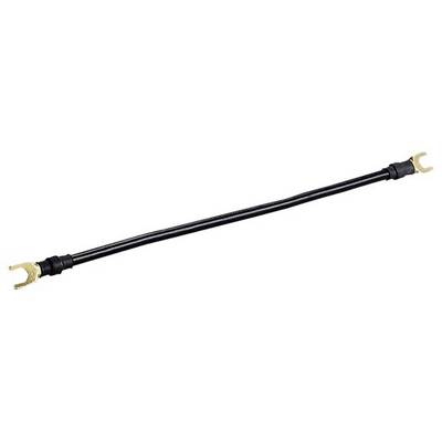 Zwart kabel met gouden U-vormige stekkers aan beide uiteinden, gebruikt voor elektrische verbindingen.
