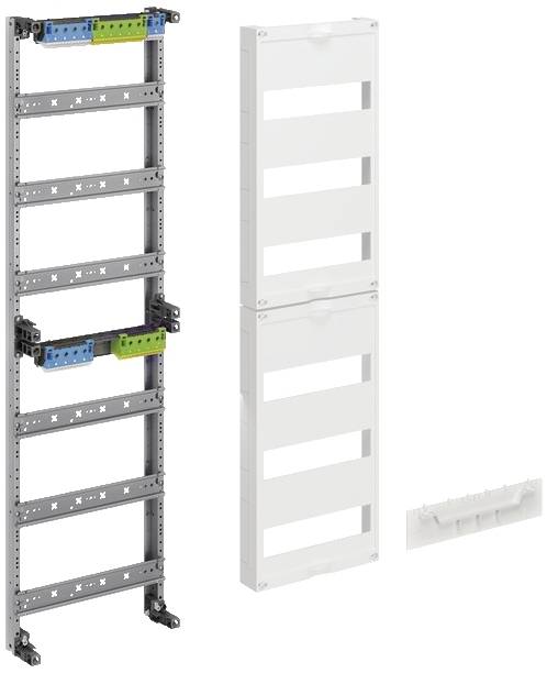 Metalen frame met vijf horizontale dwarsbalken, twee kunststof afdekplaten en een kleine witte bevestiging. Systeem voor technische montage.