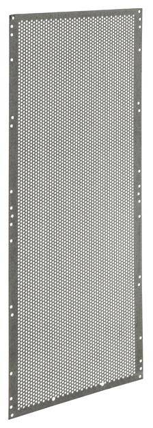 Metalen plaat met talrijke kleine gaatjes, rechthoekig en geperforeerd, bruikbaar voor ventilatie of decoratie.