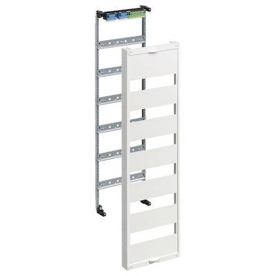Een half-open metalen schakelkastkader met vijf compartimenten. Ernaast een afgenomen, witte afdekking.