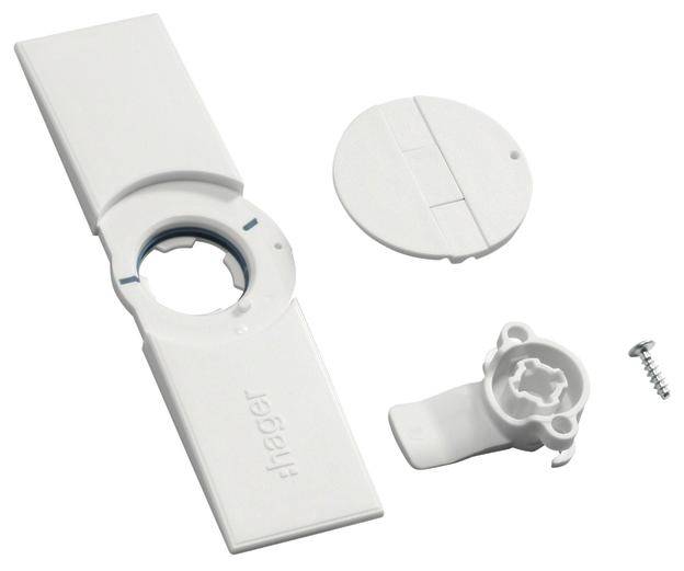 Witte afdekplaat en accessoireonderdelen, inclusief een schroef, voor de installatie van elektronische componenten.