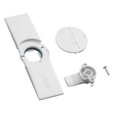 Een wit kunststof kit met een rechthoekige afdekking, een ronde adapter, een steunstuk en een schroef, zoals weergegeven in de afbeelding.