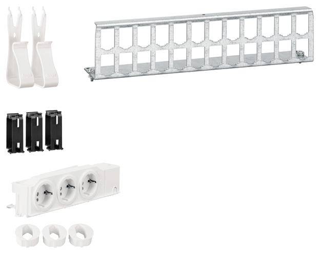 Het beeld toont een assortiment componenten voor elektrische installaties: stekkerdoos, bevestigingsbeugels en kabelklemmen.