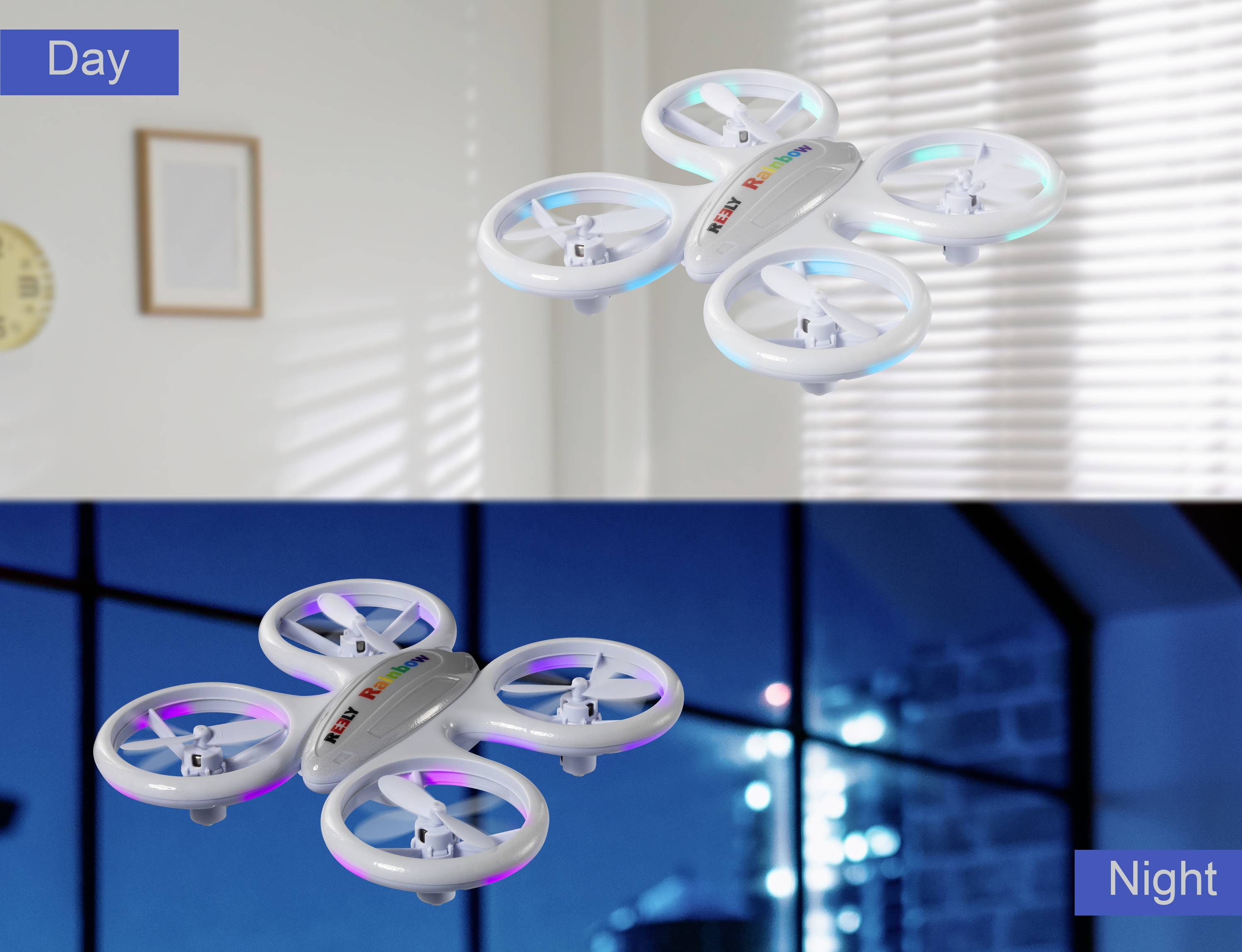 Een drone zweeft overdag in een zonnige ruimte en 's nachts voor een raam met stadslichten. Twee scènes tonen de dag- en nachtactiviteit.