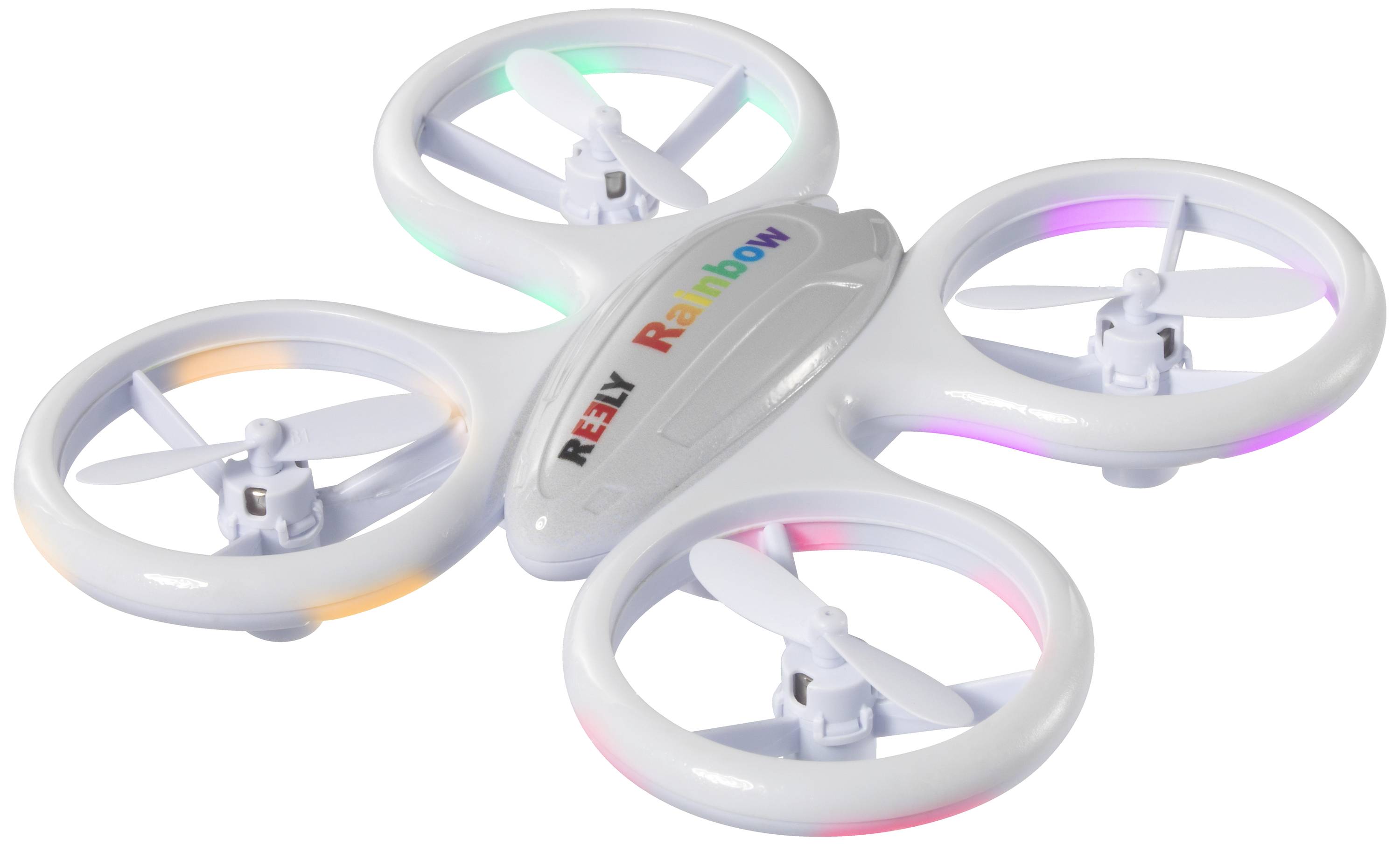 Witte drone met vier rotoren, verlicht met gekleurde led-verlichting; opschrift: 'RELY Rainbow'.