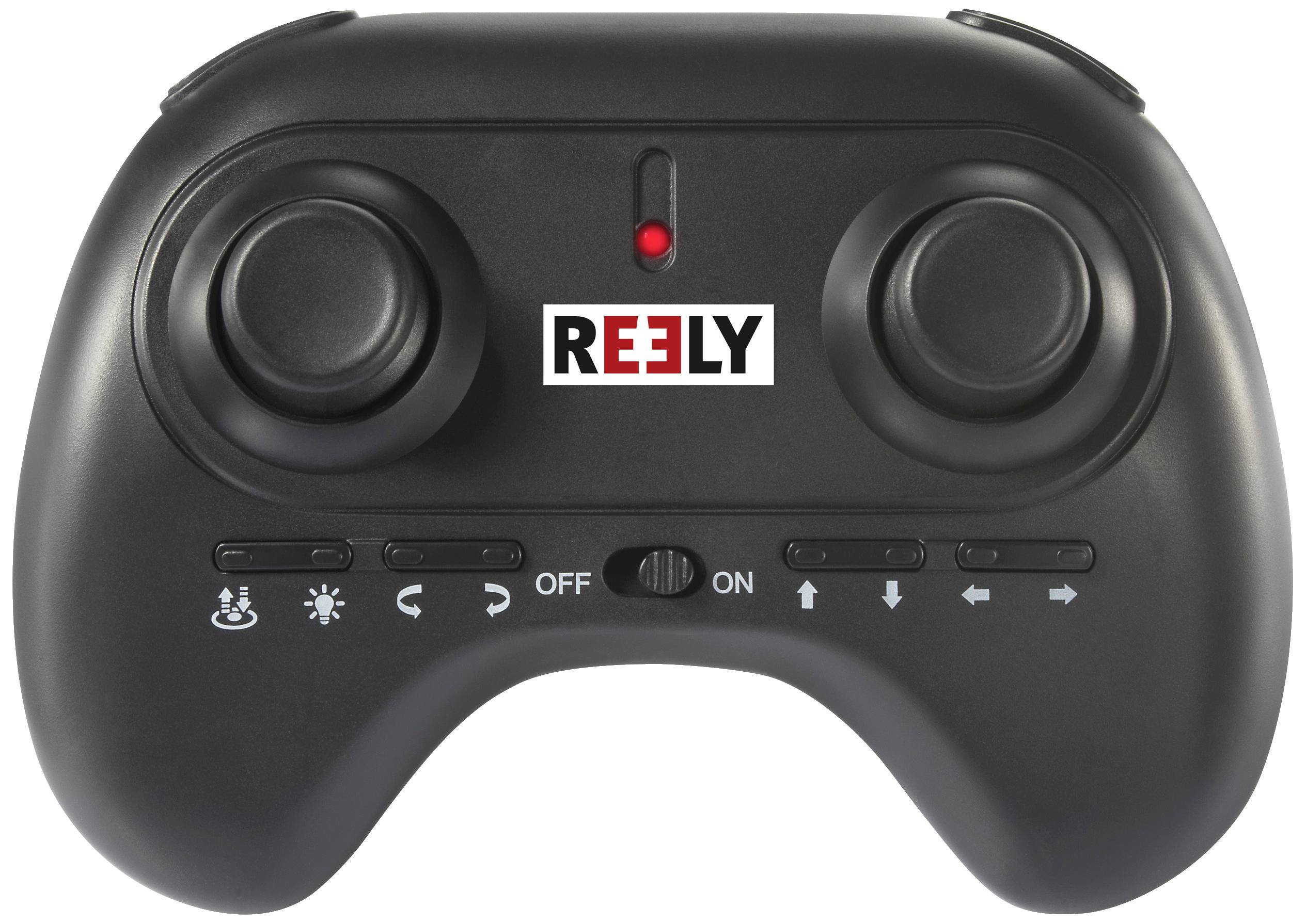 Zwarte afstandsbedieningscontroller met twee joysticks, een centrale schakelaar en een 'REELY'-logo in het midden.
