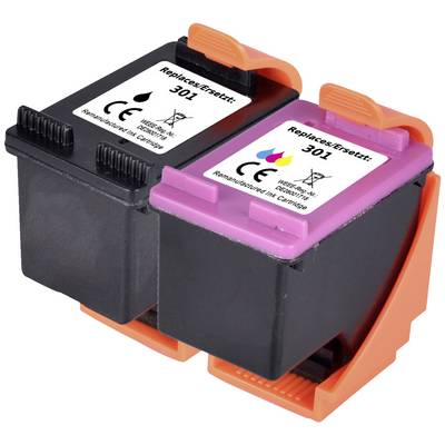 Twee inktpatronen met het opschrift 'Vervangt: 301'. Eén is zwart, de andere magenta. Beide patronen zitten in een houder.