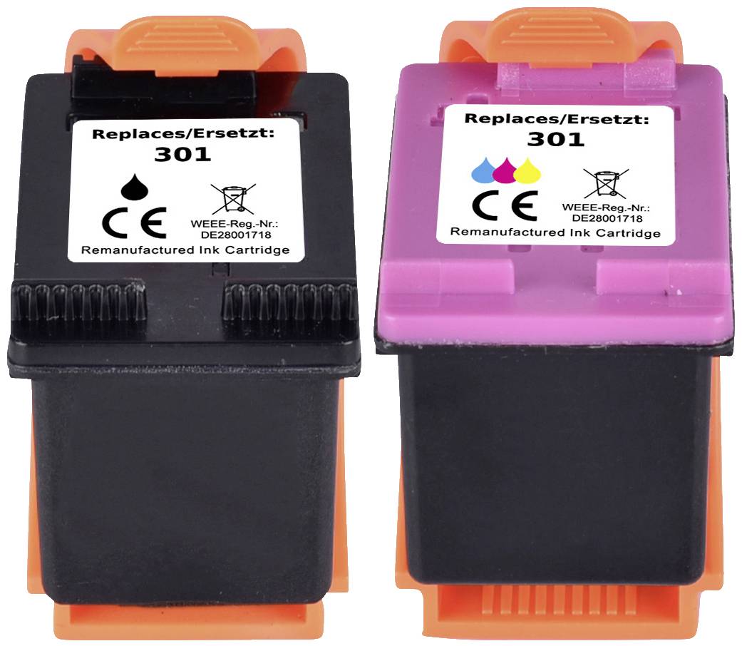 Twee printercartridges met het opschrift 'Replaces/Ersetzt: 301'. De linker is zwart, de rechter toont kleurmarkeringen voor Cyaan, Magenta en Geel.