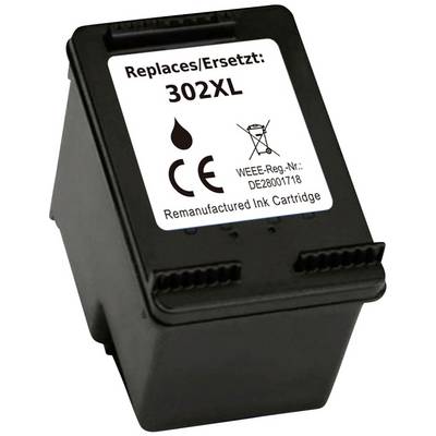 Zwarte inktcartridge '302XL', vervangt bestaande cartridges, CE-gecertificeerd, gereconditioneerd, met recyclingsymbool.