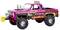 Een roze speelgoed-truck in monster-truck-stijl met vlammendesign en de tekst 'Pulled Pork.'