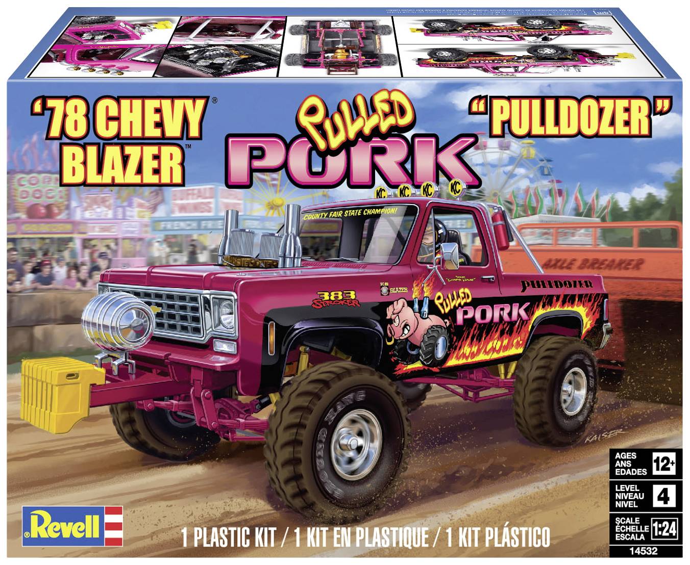 'Pulled Pork Pulldozer' Modelauto Bouwpakket: Een roze '78 Chevy Blazer in Monster Truck stijl met opvallend varkensuiterlijk op de verpakking.