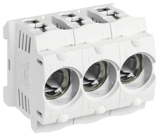 Een witte elektrische drievoudige zekeringhouder met drie ronde openingen voor zekeringen, geschikt voor industriële toepassingen.