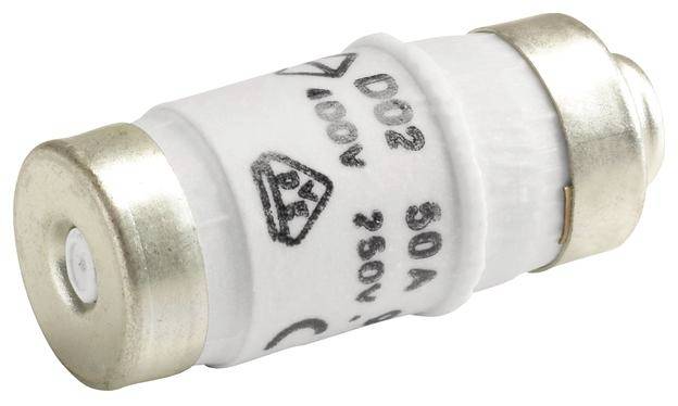'Witte cilindrische zekering met metalen eindkappen, gemarkeerd met 50A 500V, geschikt voor elektrische apparaten en zekeringkasten.'