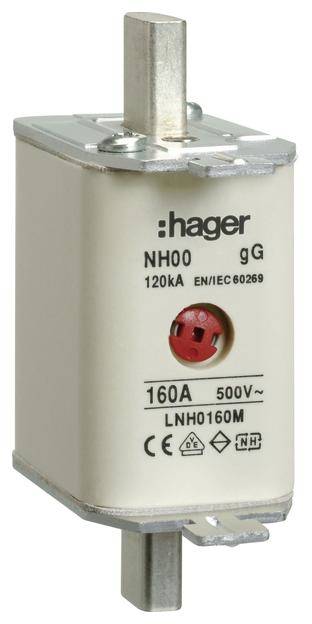 Een NH-zekeringsinzetstuk van Hager, model NH00 gG, met 160A en 500V nominale waarde, geschikt voor stroomkringbeveiliging conform EN/IEC 60269.