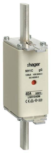 Hager zekering, type NH1C gG, 40A, 500V. Elektrisch beveiligingsapparaat voor stroombeveiliging, gemarkeerd met standaard- en specificatiegegevens, voornamelijk bestemd voor industriële toepassingen.