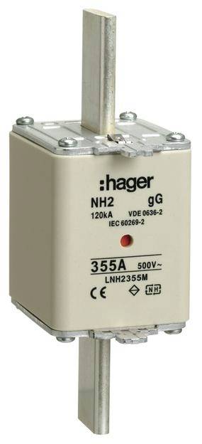 Een witte NH-zekeringpatroon van Hager met de opdruk '355A, 500V, 120KA'. Geschikt voor hoogspanningstoepassingen.