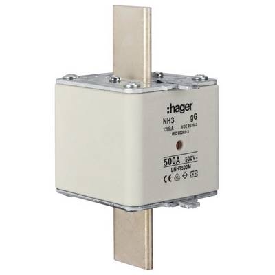 Een elektrische NH3-zekering van Hager, 500A, 500V, met zichtbare aansluitingen en technische opdrukken.