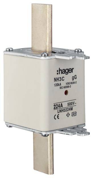 Een NH-zekering van het merk Hager, type 'NH3C gG', met een nominale stroomsterkte van 224A en een spanning van 500V.