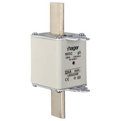 Een NH-zekering van het merk Hager, type 'NH3C gG', met een nominale stroomsterkte van 224A en een spanning van 500V.