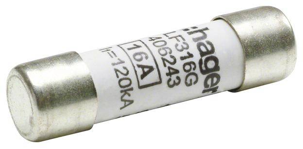 Zekering met 16A, Hager LF316G, cilindrische vorm, metalen eindkappen, witte markering op de behuizing.