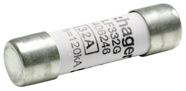 Metalen cilinderzekering met opschrift '32A' en 'hager', geschikt voor de bescherming van elektrische componenten.