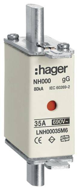 Zekeringtoepassing van Hager, type NH000 gG, 35A, 690V. Voldoet aan IEC 60269-2 standaard, 80kA stroombeperking, symboliseert beschermfunctie.