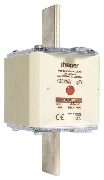 Zekeringtoepassing van fabrikant 'Hager'. Opschrift toont specificaties: 125kVA, AC400V, NH3, 100A, VDE 0636-21, gefabriceerd in Hongarije.