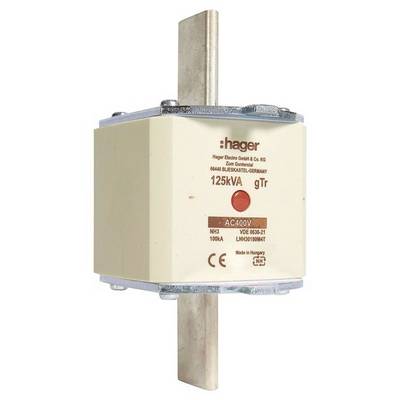 Zekeringtoepassing van fabrikant 'Hager'. Opschrift toont specificaties: 125kVA, AC400V, NH3, 100A, VDE 0636-21, gefabriceerd in Hongarije.
