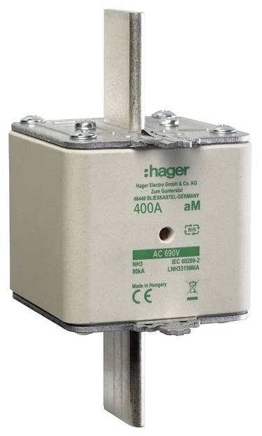 Een grote elektrische zekeringhouder met de opdruk 'Hager 400A 690V'.