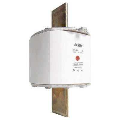 Een grote, witte Hager NH-zekeringseenheid met een nominale stroomsterkte van 1600A, geschikt voor 500V, gemonteerd op een metalen beugel.