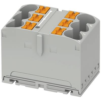 Grijze elektrische stekkerverbinding met zes oranje hefboomklemmen, geschikt voor eenvoudige draadaansluitingen.