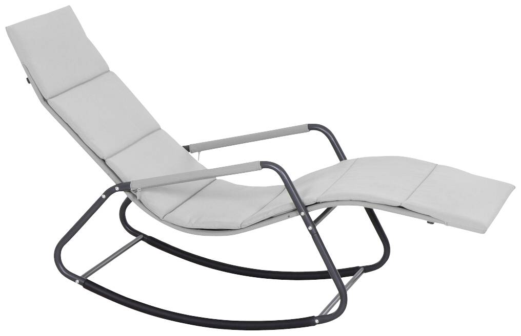 Grijze schommelstoel met metalen frame en gewatteerde zitting. Modern design, geschikt voor binnen- en buitengebruik.