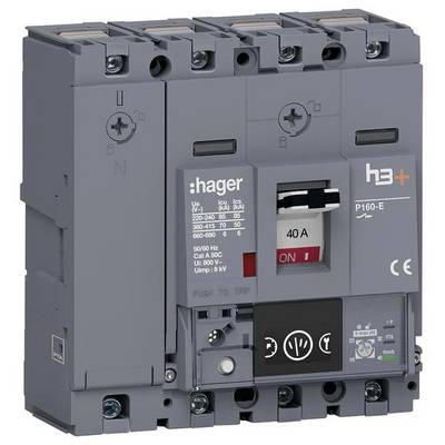 Vermogensschakelaar van Hager, model P160-E, met weergegeven technische specificaties. Bestemd voor elektrische veiligheidstoepassing.