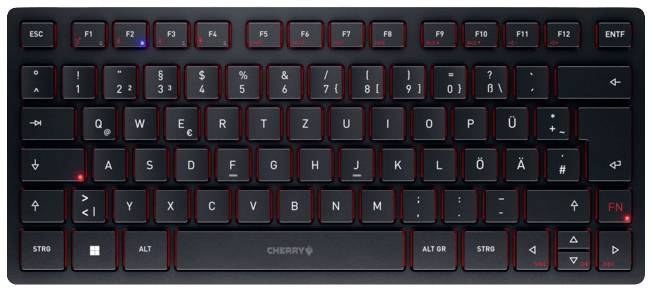 Nederlandse QWERTZ-toetsenbord met F-toetsenrij, pijltjestoetsen en extra FN-toets in compacte indeling.
