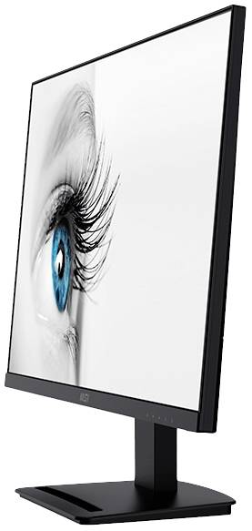 Zwarte computermonitor toont een groot oog met een blauwe iris op het scherm.