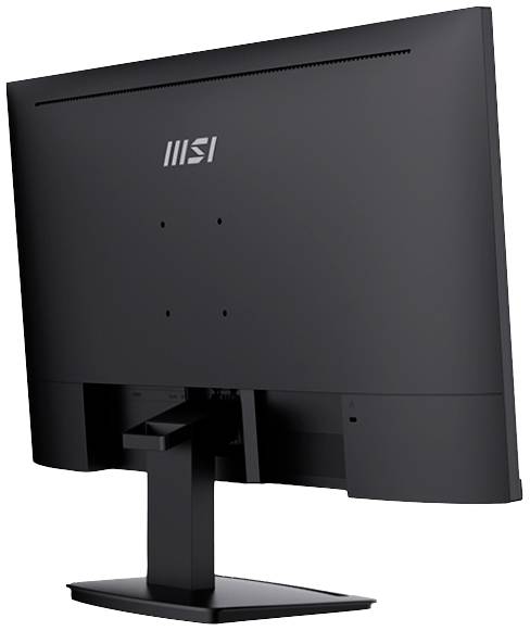 'Achteraanzicht van een zwarte monitor met MSI-logo, een stabiele standaard, en zichtbare aansluitingen en ventilatiesleuven.'