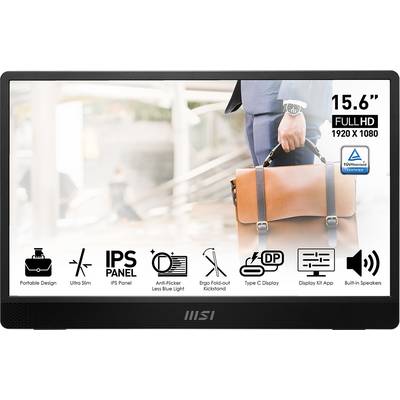 Een zakenman houdt een bruine leren tas. De focus ligt op een lichte, draagbare Full-HD-monitor van 15,6 inch.