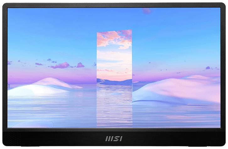 Een monitor met een natuurlijk landschap op het scherm toont een blauw-roze luchtscène boven stil water.