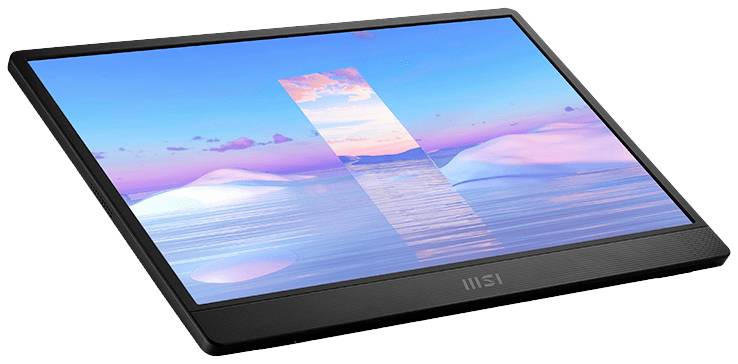 Tablet-scherm weerspiegelt een landschap met water, wolken en bergen in zachte kleurverloop.
