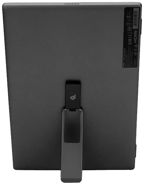 Een verticaal gemonteerde monitor gezien van achteren, op een standaard. De monitor is overwegend donkergrijs, zonder zichtbaar scherm.