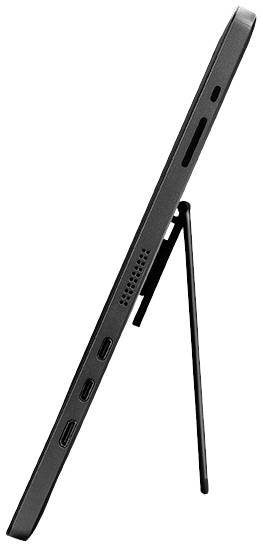 Zijaanzicht van een tablet met standaard, met meerdere aansluitingsmogelijkheden en luidsprekers.