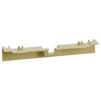 Een beige kunststof verbindingsstuk met twee steekaansluitingen aan beide zijden, bedoeld voor het verbinden van houten elementen.