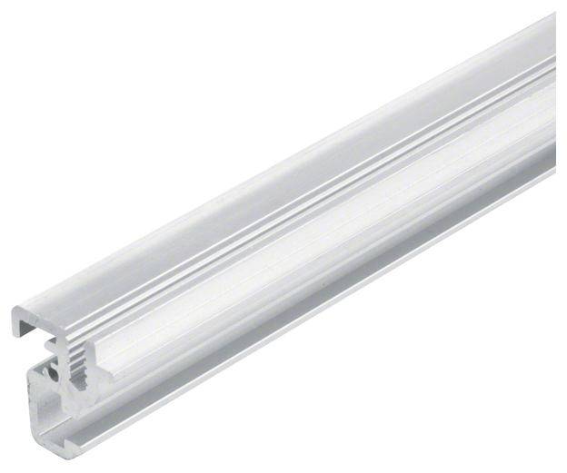 Aluminiumprofiel voor LED-strips, zilver, toont zijaanzicht met afdekking. Gebruikt voor de montage van LED-verlichting.