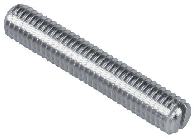 Een zilveren schroefpen met een gladde, cilindrische vorm en doorlopend schroefdraad zonder zichtbare koppen of moeren.