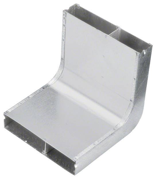 Metallic L-vormig verbindingsstuk, mogelijk bedoeld voor het verbinden van ventilatiekanalen. Zilveren, reflecterende oppervlak.