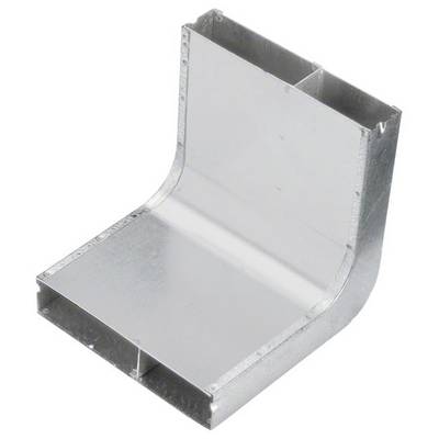 Metallic L-vormig verbindingsstuk, mogelijk bedoeld voor het verbinden van ventilatiekanalen. Zilveren, reflecterende oppervlak.