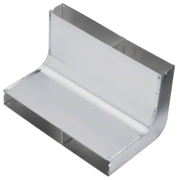 Metalen verbindingsstuk, rechthoekig met gebogen rand, vervaardigd uit zilverkleurig metaal, gebruikt voor bouw- of constructiedoeleinden.