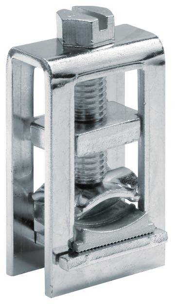 Metalen bevestigingselement met schroef en klemmechanisme, gebruikt voor veilige verbinding van structuren in bouwkundige toepassingen.