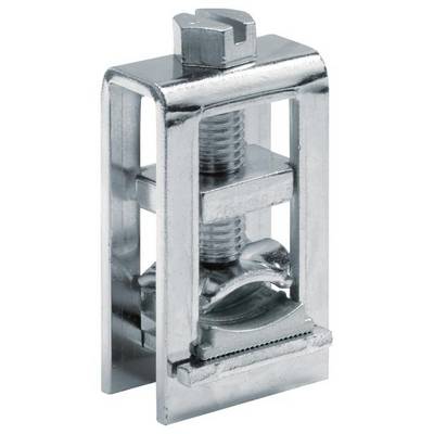 Metalen bevestigingselement met schroef en klemmechanisme, gebruikt voor veilige verbinding van structuren in bouwkundige toepassingen.