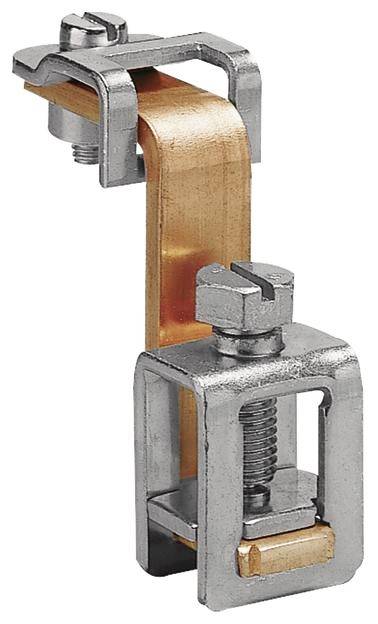 Metalen beugel met schroef en koperen klem, geschikt voor elektrische verbindingen of aardingskabels.
